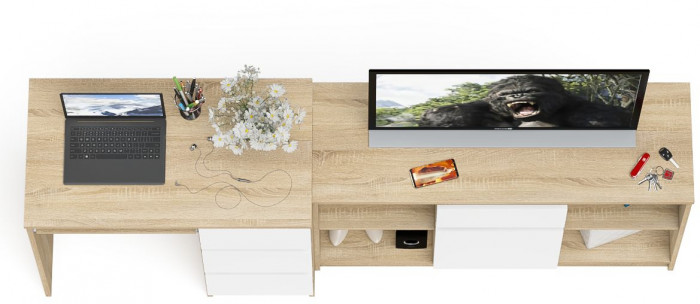 Мори компьютерный стол МС-6 правый + Тумба МТВ1204.1, дуб сонома/белый