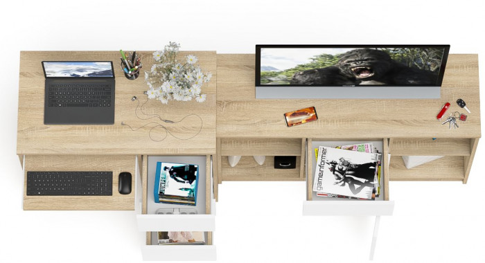 Мори компьютерный стол МС-6 правый + Тумба МТВ1204.1, дуб сонома/белый