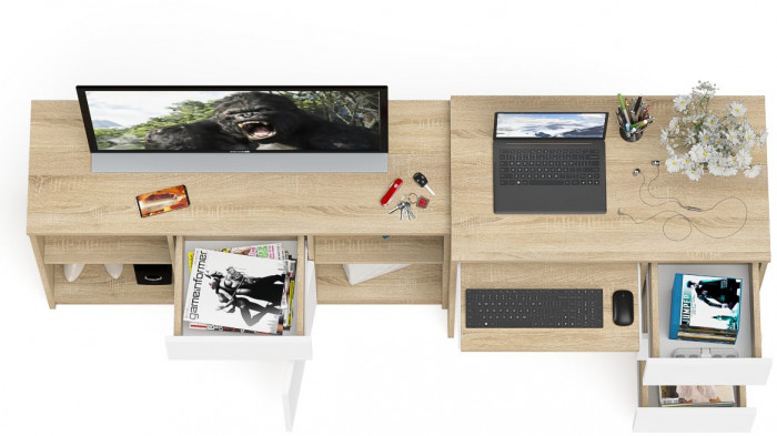 Мори компьютерный стол МС-6 правый + Тумба МТВ1204.1, дуб сонома/белый