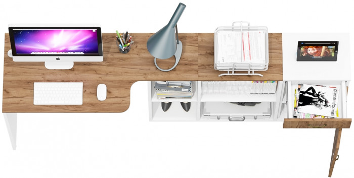 Лидер-8 Стол + Тумба МД 3.15, цвет белый шагрень/крафт золото, ШхГхВ 205х50/30х75 см. или 115х50/120х75 см., НЕ универсальная сборка