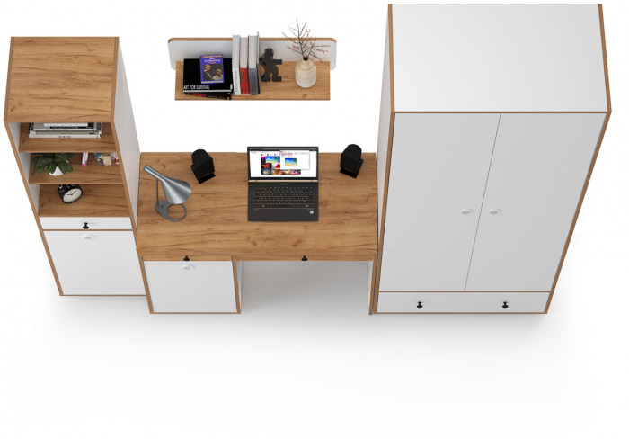 Вуди Компоновка № 22, цвет белый премиум/дуб крафт золотой, ШхГхВ 241х52,7х205 см., универсальная сборка