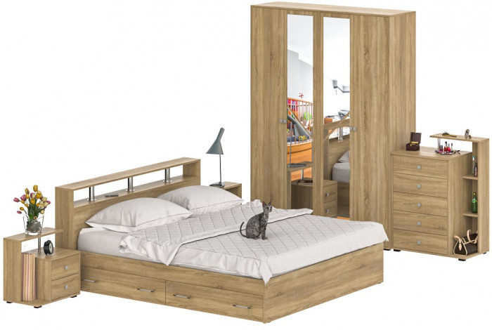 Камелия спальня № 11 Кровать с ящиками 1800 + Две тумбы + Комод + Шкаф 4-х створчатый, цвет дуб сонома, сп.м. 1800х2000 мм., б/м, основание есть