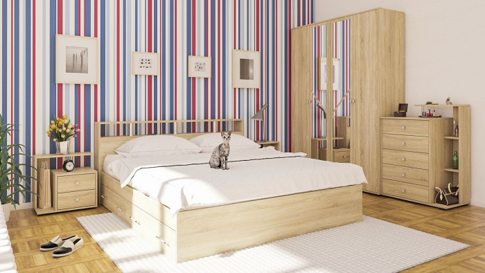 Камелия спальня № 11 Кровать с ящиками 1800 + Две тумбы + Комод + Шкаф 4-х створчатый, цвет дуб сонома, сп.м. 1800х2000 мм., б/м, основание есть