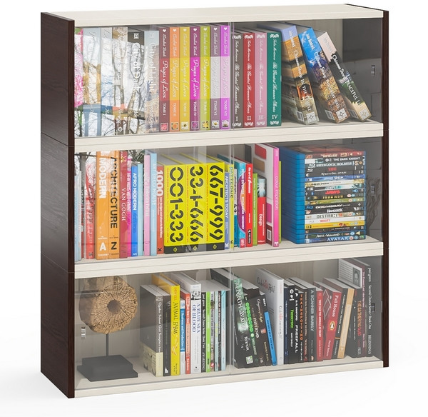 Три полки книжных С-МД-КН01, цвет венге/дуб, ШхГхВ размер каждой полки в отдельности: 83х25х30 см., стеклянные дверцы