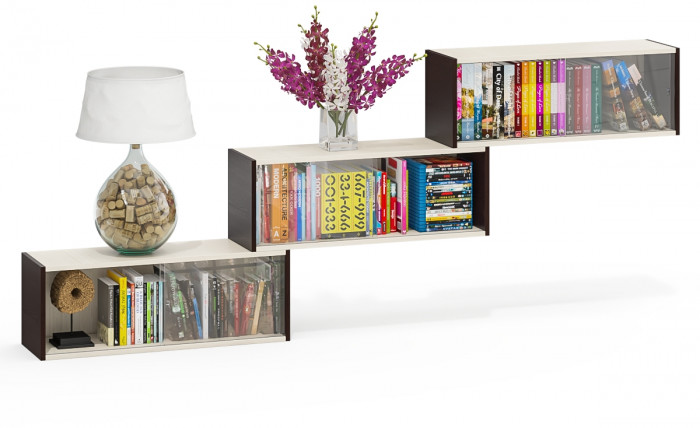 Три полки книжных С-МД-КН01, цвет венге/дуб, ШхГхВ размер каждой полки в отдельности: 83х25х30 см., стеклянные дверцы