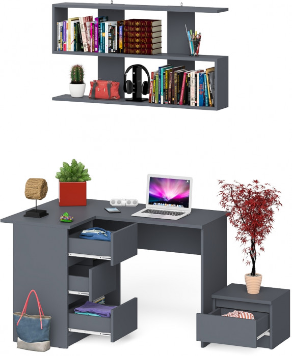 Мори Стол компьютерный МС-16 левый + Тумба ТМП400.1 + Полка 1200, цвет графит, ШхГхВ 164,8х84,9х209,6 см., НЕ универсальная сборка