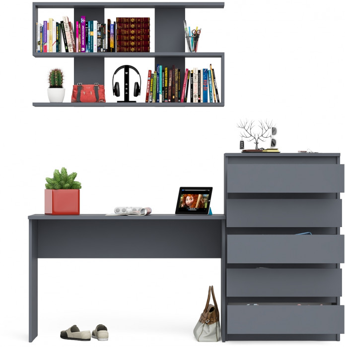 Мори Стол письменный МСП1200.1 + Комод МК700.5 + Полка 1200, цвет графит, ШхГхВ 190,8х50х209,6 см., универсальная сборка