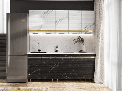 Кухня МДФ Милена 2000 (Белый, Мрамор белый софт/Мрамор блэк софт, Антарес)