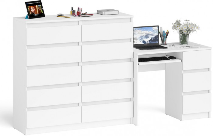 Мори компьютерный стол МС-6 правый + Комод МК1200.10, белый