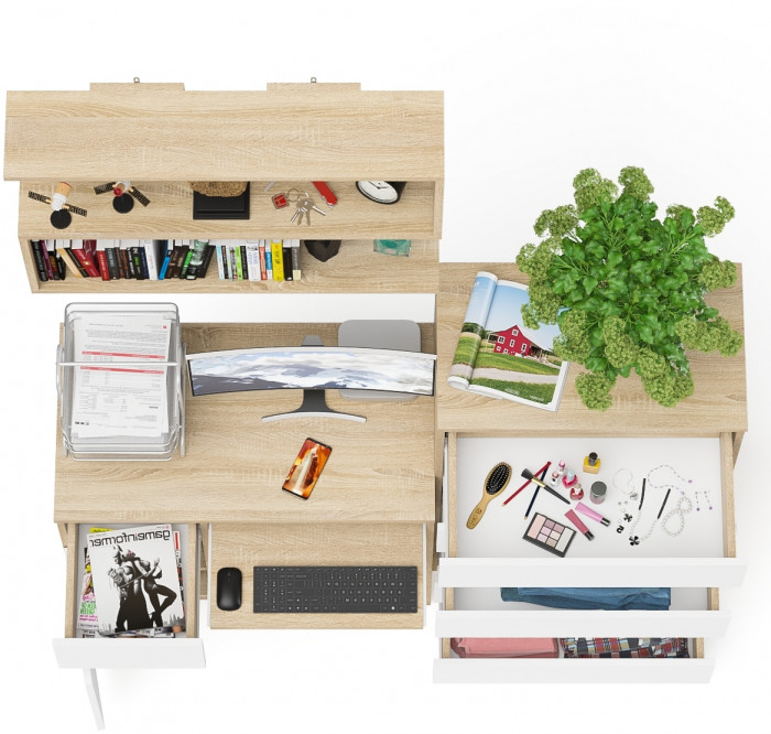 Мори Стол компьютерный МС-1 левый + Комод МК700.5 + Полка 900, цвет дуб сонома/белый, ШхГхВ 160,4х50х209,6 см., НЕ универсальная сборка