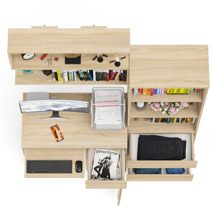 Мори Стол компьютерный МС-1 правый + Стеллаж МСТ600.3 + Полка 900, цвет дуб сонома, ШхГхВ 150,4х50х209,6 см., НЕ универсальная сборка