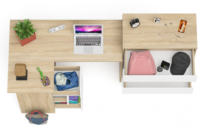 Мори Стол компьютерный МС-16 левый + Комод МК800.4, цвет дуб сонома/белый, ШхГхВ 204,8х84,9х94 см., выдвижные ящики слев, НЕ универсальная сборкаа