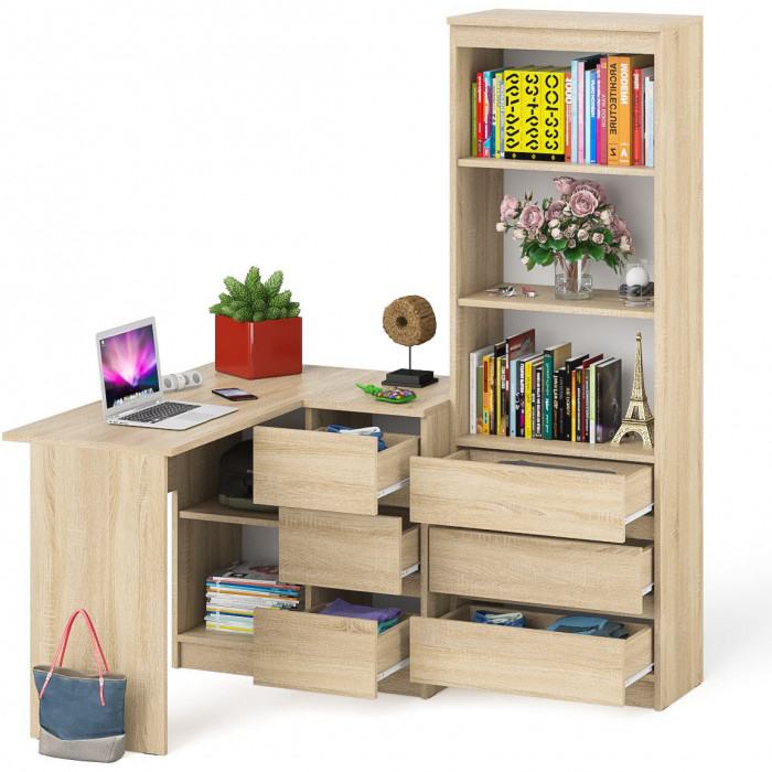 Мори Стол компьютерный МС-16 правый + Стеллаж МСТ600.3, цвет дуб сонома, ШхГхВ 184,8х84,9х179,6 см., выдвижные ящики справа, НЕ универсальная сборка