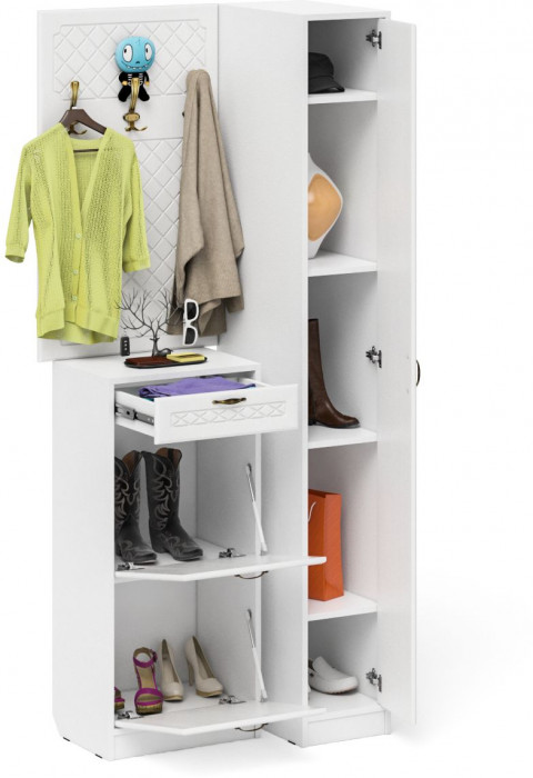 Прихожая П-6 Компоновка № 44, цвет белая шагрень/фасады МДФ белое дерево фрезеровка ромб, ШхГхВ 90х50х220 см., универсальная сборка