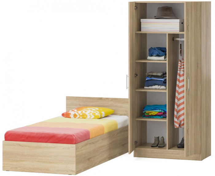 Кровать 0900 + Шкаф 2-х створчатый Стандарт, цвет дуб сонома, ШхГхВ 93,5х203,5х70 + 90х52х200 см., сп.м. 900х2000 мм., без матраса, основание есть