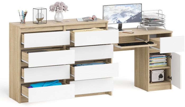 Мори компьютерный стол МС-1 правый + Комод МК1200.8, дуб сонома/белый