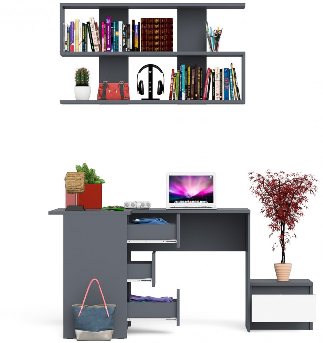 Мори Стол компьютерный МС-16 левый + Тумба ТМП400.1 + Полка 1200, цвет графит/белый, ШхГхВ 164,8х84,9х209,6 см., НЕ универсальная сборка