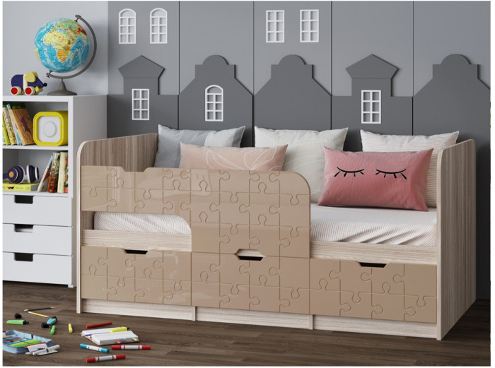 Детская кровать Юниор-9, 80х180 (Латте глянец, Ясень шимо светлый)