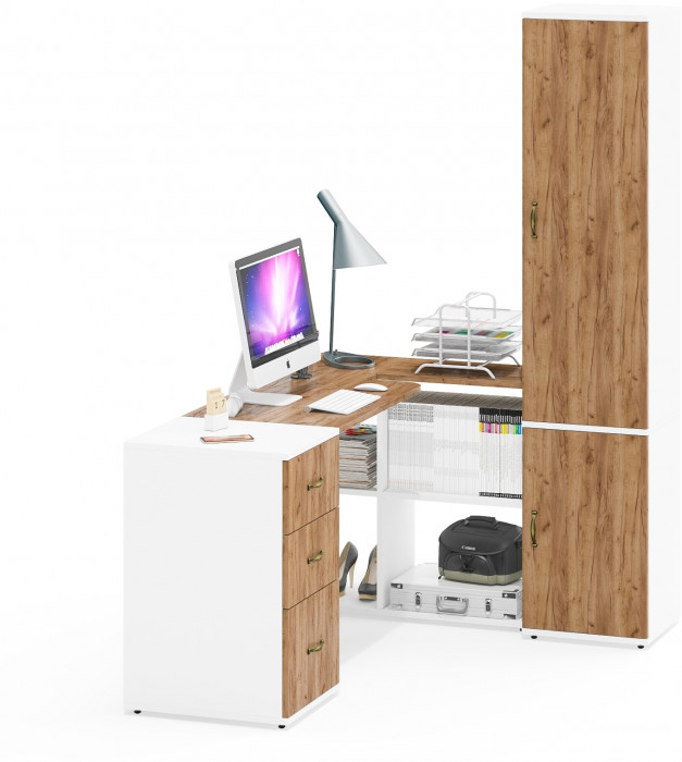 Лидер-8 Стол + Тумба МД 3.16 + Пенал МД 22Б, цвет белый шагрень/крафт золото, ШхГхВ 245х50/37,5х75/190 или 155х120/50х75/190 см., НЕ ун. сборка