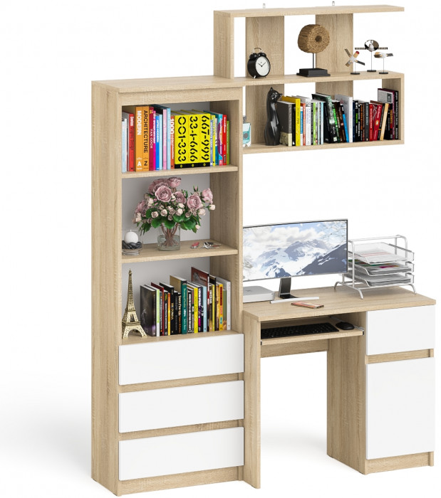 Мори Стол компьютерный МС-1 правый + Стеллаж МСТ600.3 + Полка 900, цвет дуб сонома/белый, ШхГхВ 150,4х50х209,6 см., НЕ универсальная сборка