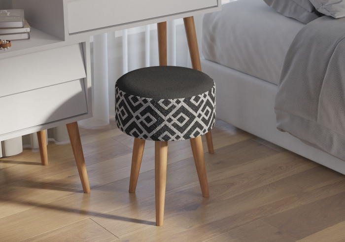 Банкетка 6-5132ТКчёр Юна, цвет ткань чёрная с рисунком, ШхГхВ 33х33х45 см.(круглая банкетка на трёх ножках), цвет ножек: тик