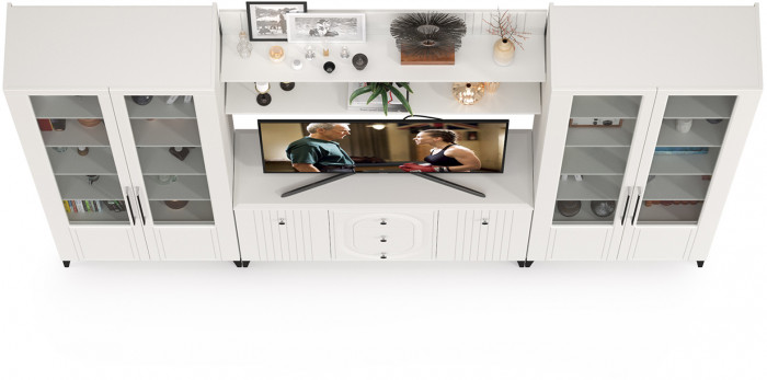 Валенсия Гостиная № 103, цвет ЛДСП белый шагрень/МДФ белый шагрень, ШхГхВ 301,4х38,4х225,2 см., ниша для ТВ 133х38х90 см.