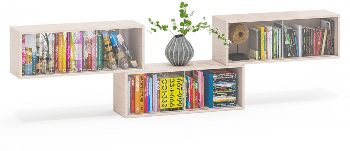 Три полки книжных С-МД-КН01, цвет ясень шимо светлый, размер каждой полки в отдельности: ШхГхВ 83х25х30 см., стеклянные дверцы