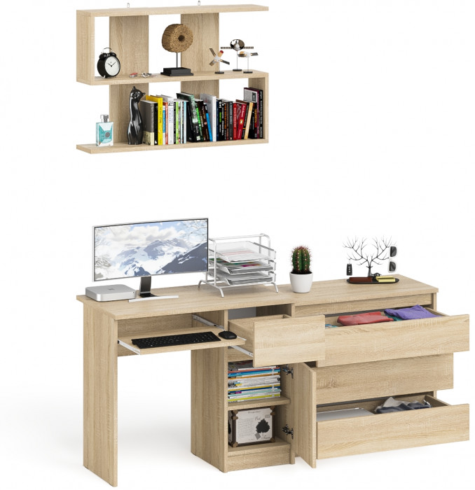 Мори Стол компьютерный МС-1 правый + Комод МК800.1 + Полка 900, цвет дуб сонома, ШхГхВ 170,4х50х209,6 см., НЕ универсальная сборка