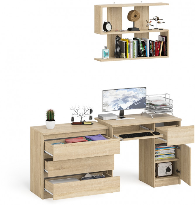 Мори Стол компьютерный МС-1 правый + Комод МК800.1 + Полка 900, цвет дуб сонома, ШхГхВ 170,4х50х209,6 см., НЕ универсальная сборка