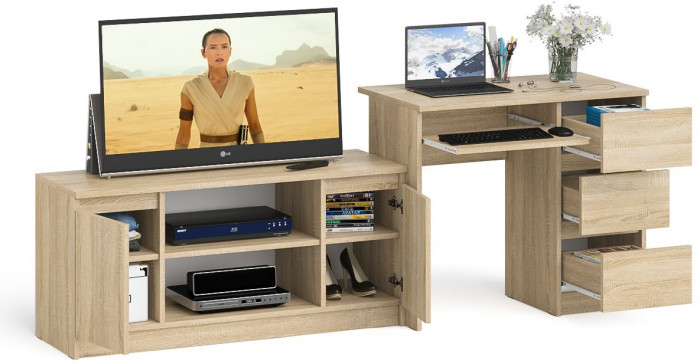 Мори Стол компьютерный МС-6 правый + Тумба МТВ1200.1, цвет дуб сонома, ШхГхВ 210,4х50х76,6 см., выдвижные ящики справа, НЕ универсальная сборка