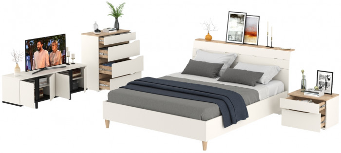 Муссон Кровать 11.41 + ортопед + Тумба 16.03 + Комод 13.97 + Тумба ТВ 13.276, цвет белый/чёрный/дуб эндгрейн элегантный, сп. м. 1600х2000 мм., б/м