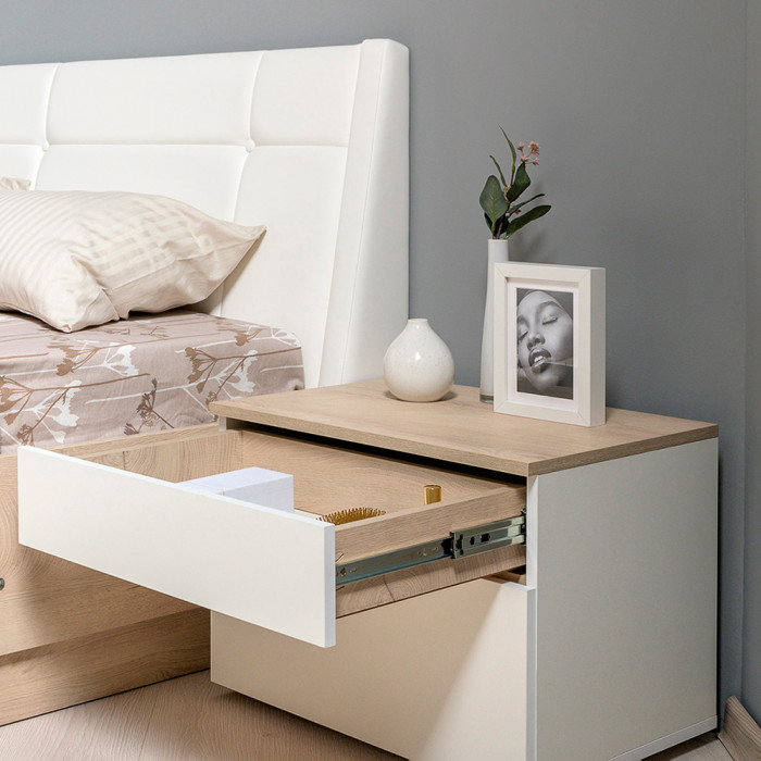 Муссон Кровать 11.41 + ортопед + Тумба 16.03 + Комод 13.97 + Тумба ТВ 13.276, цвет белый/чёрный/дуб эндгрейн элегантный, сп. м. 1600х2000 мм., б/м