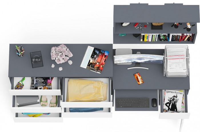 Мори компьютерный стол МС-1 правый + Комод МК1200.8 + Полка 900, графит/белый