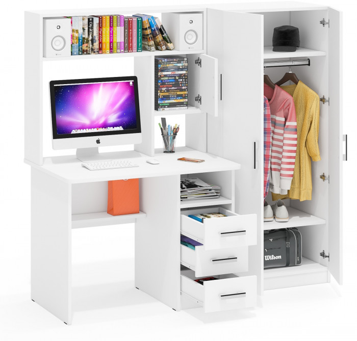 Стол компьютерный С-МД-СК9+Шкаф С-МД-СК9Ш, цвет белый шагрень, ШхГхВ 172х70х160 см., НЕ универсальная сборка