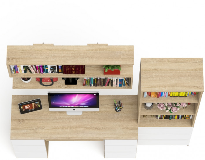 Мори компьютерный стол МС-2 + Стеллаж МСТ600.3 + Полка 1200, дуб сонома/белый