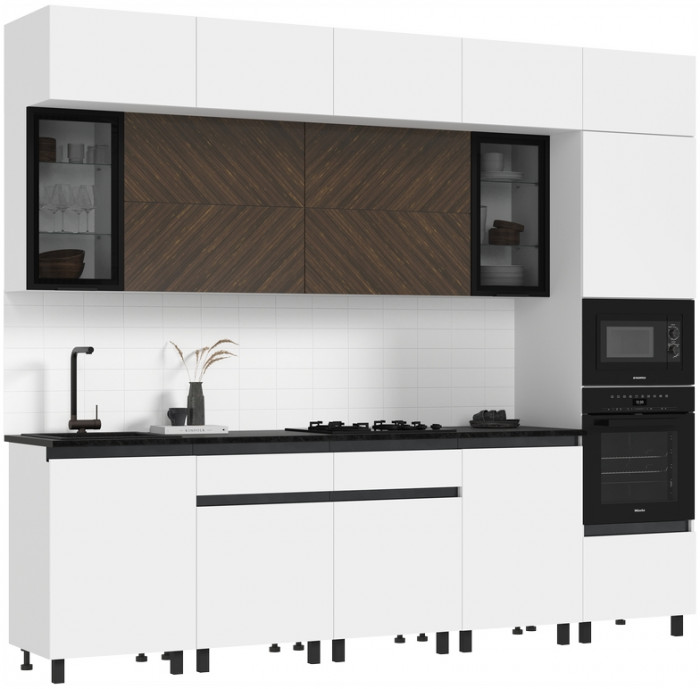 Кухня Техно-6 3,0/1080м, Белый/Белый снег софт/Прайм орех