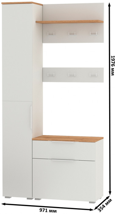 Октава Прихожая 16, цвет белый шагрень/дуб крафт золотой/фасады МДФ белый шагрень, ШхГхВ 97,1х35,4х197,6 см., универсальная сборка