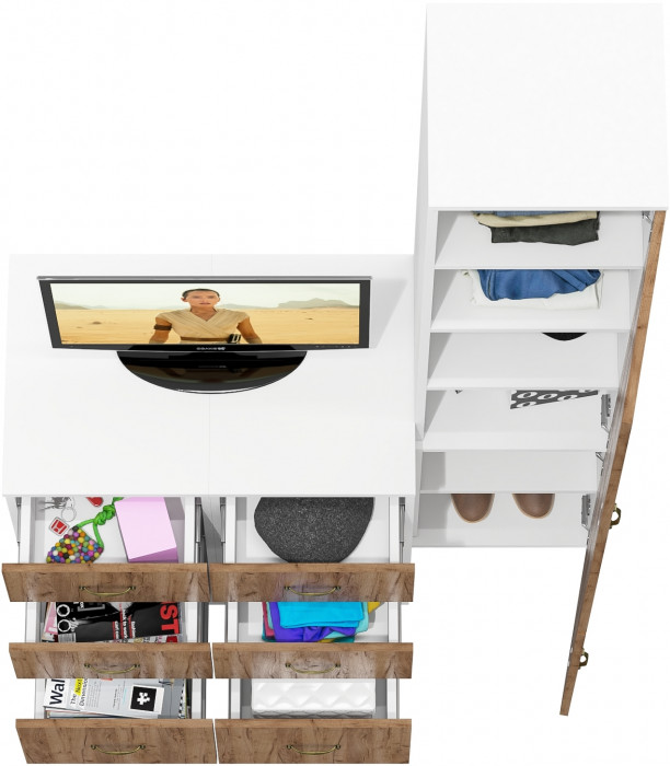 Лидер-8 Пенал МД 22Б + Тумба МД 3.16 + Тумба МД 3.16, цвет белый шагрень/крафт золото, ШхГхВ 120х50х190 см., универсальная сборка