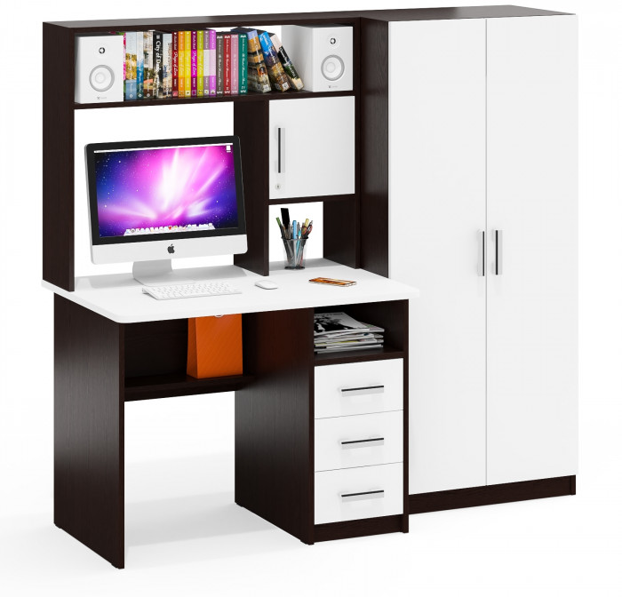 Стол компьютерный С-МД-СК9+Шкаф С-МД-СК9Ш, цвет венге/белый шагрень, ШхГхВ 172х70х160 см., НЕ универсальная сборка