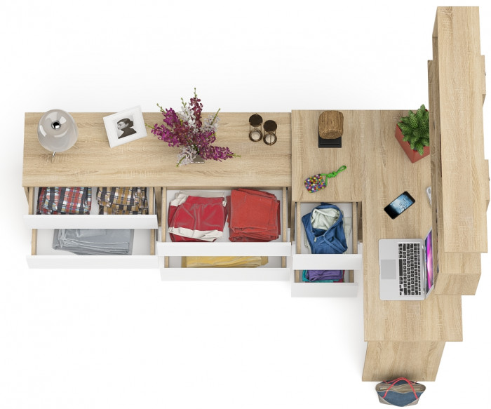 Мори компьютерный стол МС-16 левый + Комод МК1380.6 + Полка 1200, дуб сонома/белый