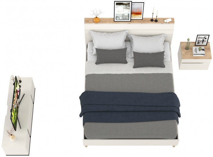 Муссон Кровать 11.41 + ортопед + Тумба 16.03 + Тумба ТВ 13.276, цвет белый/чёрный/дуб эндгрейн элегантный, сп. м. 1600х2000 мм., б/м