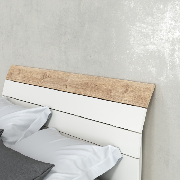 Муссон Кровать 11.41 + ортопед + Тумба 16.03 + Тумба ТВ 13.276, цвет белый/чёрный/дуб эндгрейн элегантный, сп. м. 1600х2000 мм., б/м