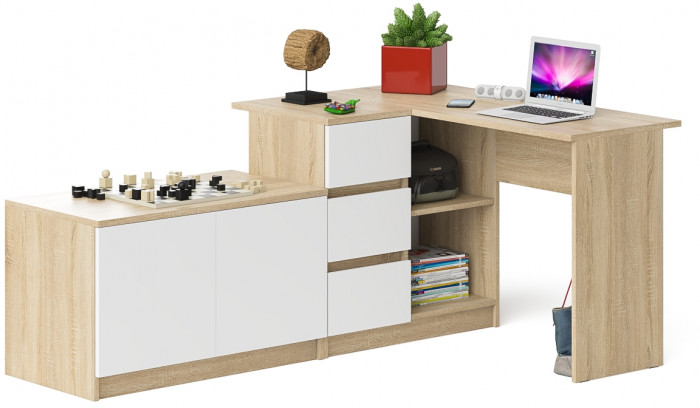 Мори компьютерный стол МС-16 левый + Тумба МА900.1, дуб сонома/белый