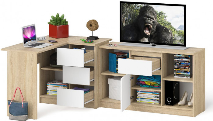 Мори компьютерный стол МС-16 правый + Тумба МТВ1204.1, дуб сонома/белый