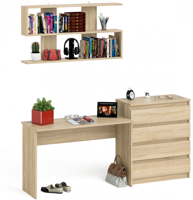 Мори Стол письменный МСП1200.1 + Комод МК800.4 + Полка 1200, цвет дуб сонома, ШхГхВ 200,8х50х209,6 см., универсальная сборка