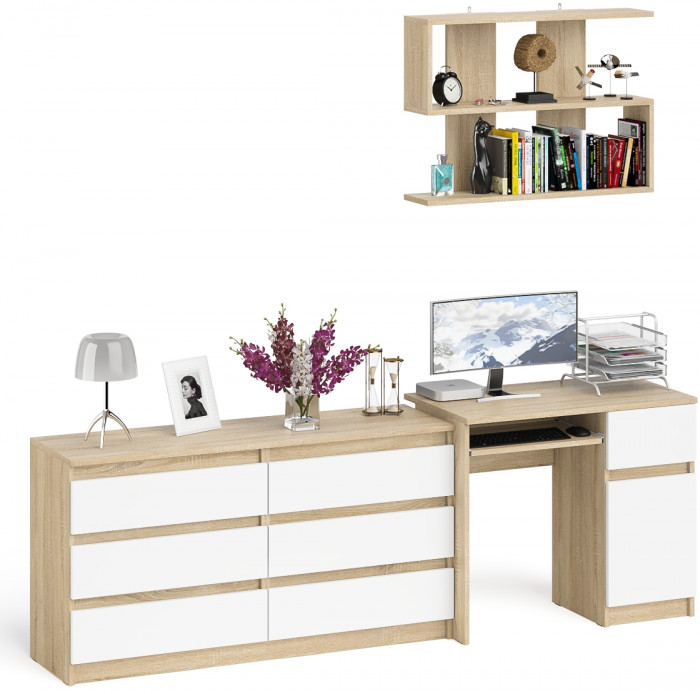 Мори компьютерный стол МС-1 правый + Комод МК1380.6 + Полка 900, дуб сонома/белый