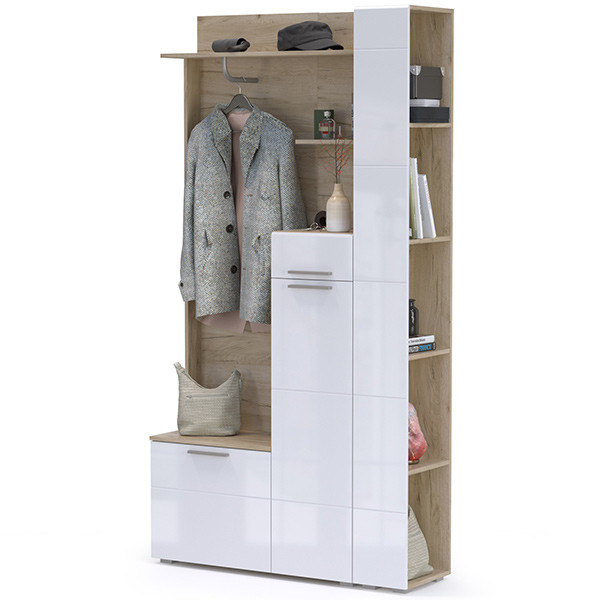 Лайн Прихожая № 06, цвет дуб крафт серый/фасады МДФ белый глянец, ШхГхВ 111,8х35,1х210 см., НЕ универсальная сборка