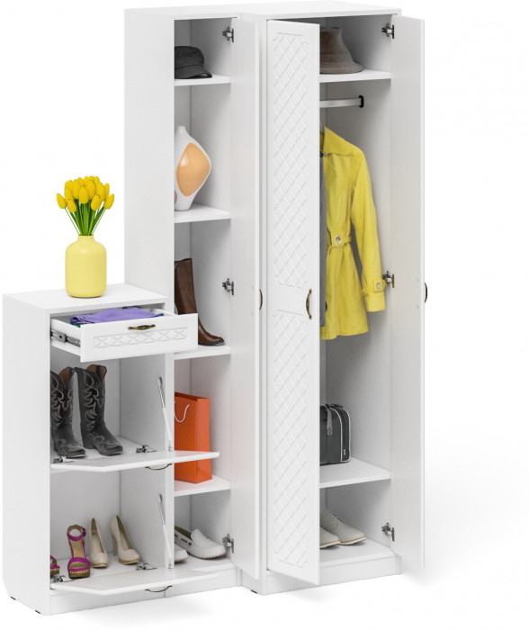 Прихожая П-6 Компоновка № 28, белая шагрень/фасады МДФ белое дерево фрезеровка ромб