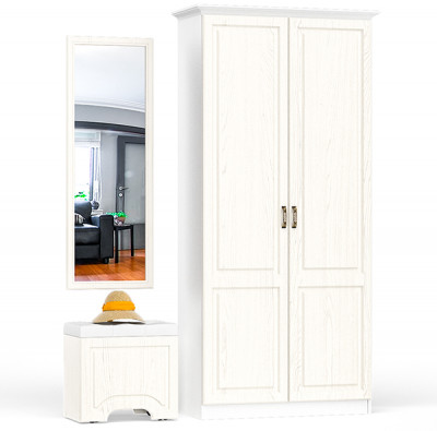 Ливерпуль Пуф 14.02 + Зеркало 03.242 + Шкаф для одежды + карниз 1000, ясень ваниль/белый