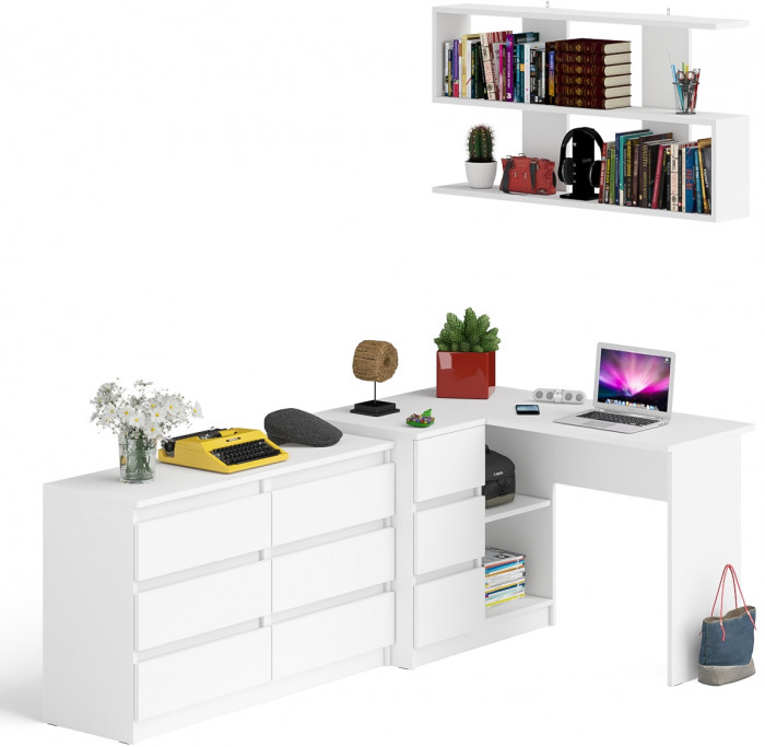 Мори компьютерный стол МС-16 левый + Комод МК1200.6 + Полка 1200, белый